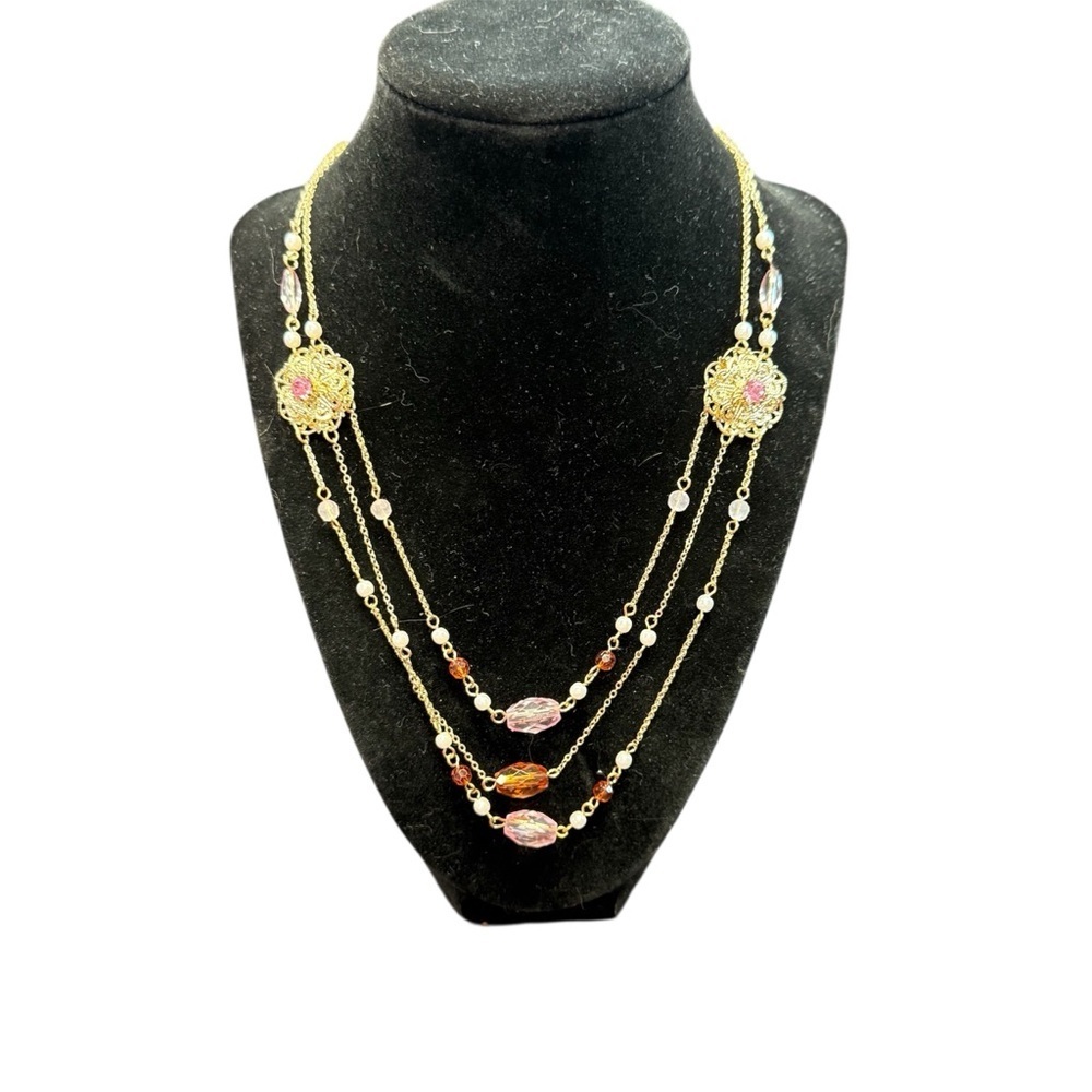 Avon Pink Frosted filigree multi strand Gold and Pink Gemstone Necklace NIB 2007